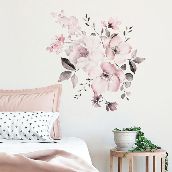 Removable Wall Stickers Watercolour Dusty Pink Flowers Leaves Home Decor