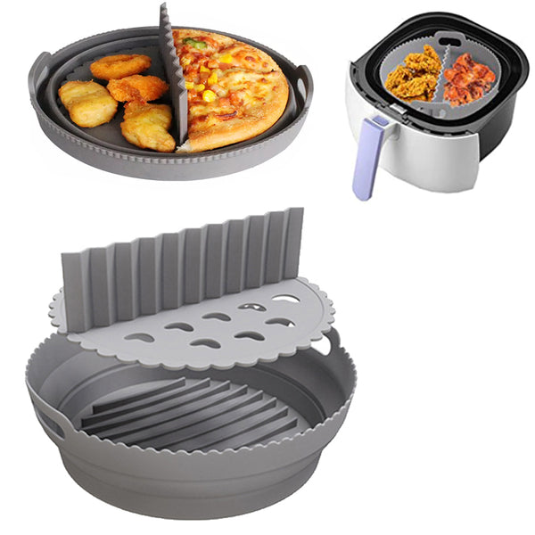 Foldable Round Air Fryer Baking Tray Silicone Reusable Air Fryer Liners with Dividing Pad-Gray