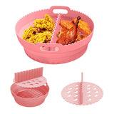 Foldable Round Air Fryer Baking Tray Silicone Reusable Air Fryer Liners with Dividing Pad-Pink