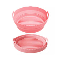 Foldable Round Air Fryer Baking Tray Silicone Reusable Air Fryer Liners with Dividing Pad-Pink