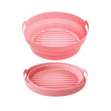 Foldable Round Air Fryer Baking Tray Silicone Reusable Air Fryer Liners with Dividing Pad-Pink