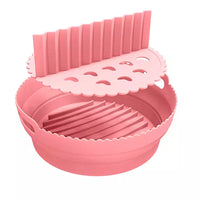 Foldable Round Air Fryer Baking Tray Silicone Reusable Air Fryer Liners with Dividing Pad-Pink