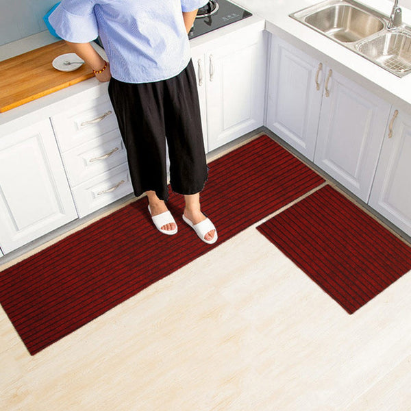 Solid Color Stripe Kitchen Mat Simplicity Anti-Slip Entrance Doormat Bathroom Long Strip Mats Table Floor Mat Large Size-Red