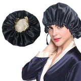 Women Double Layer Satin Silk Sleep Hat Hair Care Sleeping Bonnet Night Cap-Black