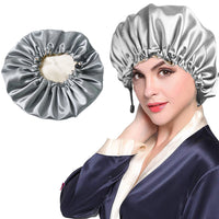 Women Double Layer Satin Silk Sleep Hat Hair Care Sleeping Bonnet Night Cap-Grey