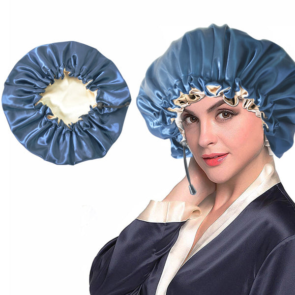 Women Double Layer Satin Silk Sleep Hat Hair Care Sleeping Bonnet Night Cap-Navy