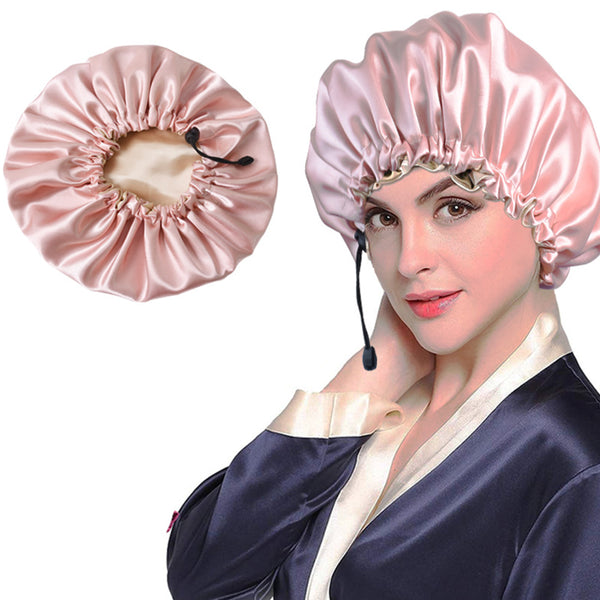 Women Double Layer Satin Silk Sleep Hat Hair Care Sleeping Bonnet Night Cap-Pink