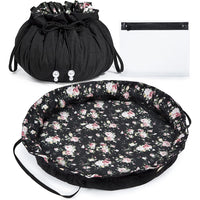 Portable Cosmetic Makeup Drawstring Bag Travel Makeup Organizer Case with Clear Pouch Set-Black