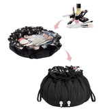 Portable Cosmetic Makeup Drawstring Bag Travel Makeup Organizer Case with Clear Pouch Set-Black