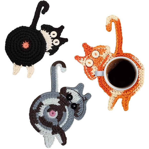 Set of 3pcs Handmade Woven Cat Butt Coasters Coffee Cup Mats Mug Pad for Home Office