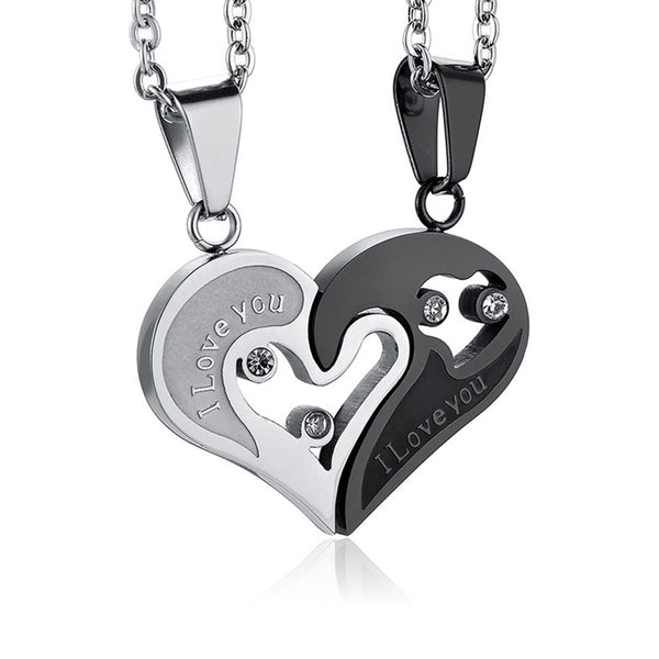 Stainless Steel Mens Womens Couple Necklace Pendant Love Heart CZ Puzzle Matching Black