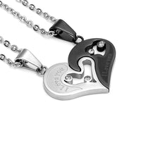 Stainless Steel Mens Womens Couple Necklace Pendant Love Heart CZ Puzzle Matching Black