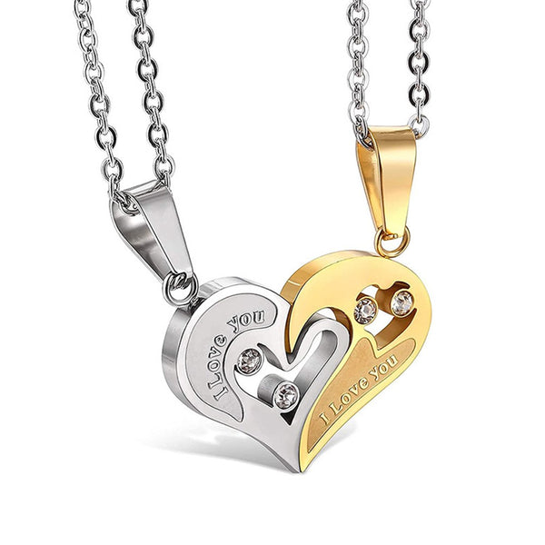 Stainless Steel Mens Womens Couple Necklace Pendant Love Heart CZ Puzzle Matching Gold