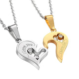 Stainless Steel Mens Womens Couple Necklace Pendant Love Heart CZ Puzzle Matching Gold