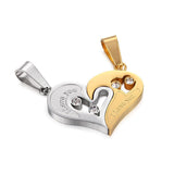 Stainless Steel Mens Womens Couple Necklace Pendant Love Heart CZ Puzzle Matching Gold