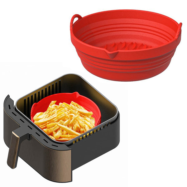 FancyGrab Reusable Foldable Round Air Fryer Silicone Pot Liner Baking Tray with Handles Red