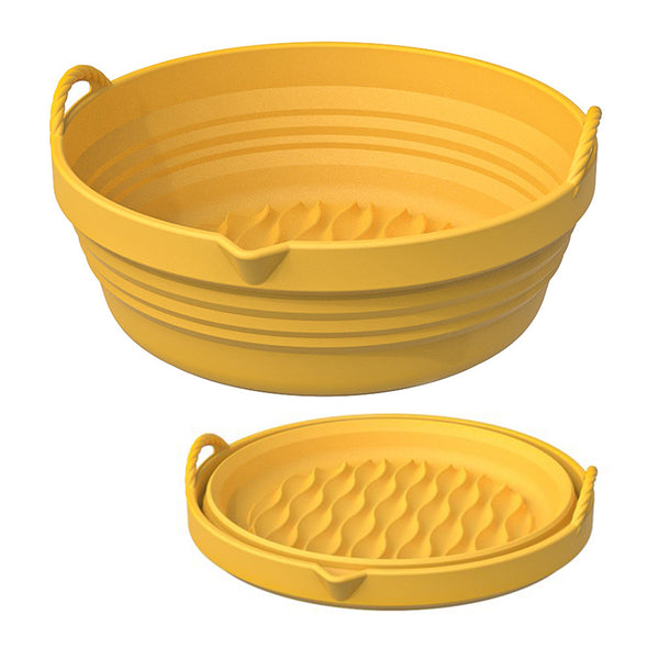 FancyGrab Reusable Foldable Round Air Fryer Silicone Pot Liner Baking Tray with Handles Yellow