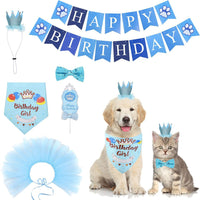 6Pcs Dog Birthday Bandana Hat Banner Set Birthday Party Supplies Decorations Blue