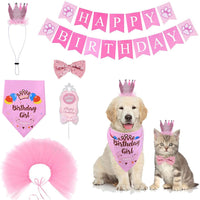 6Pcs Dog Birthday Bandana Hat Banner Set Birthday Party Supplies Decorations Pink