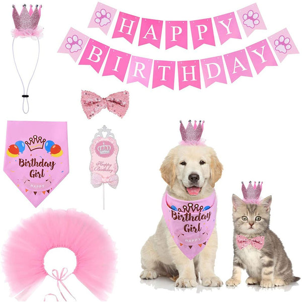 6Pcs Dog Birthday Bandana Hat Banner Set Birthday Party Supplies Decorations Pink