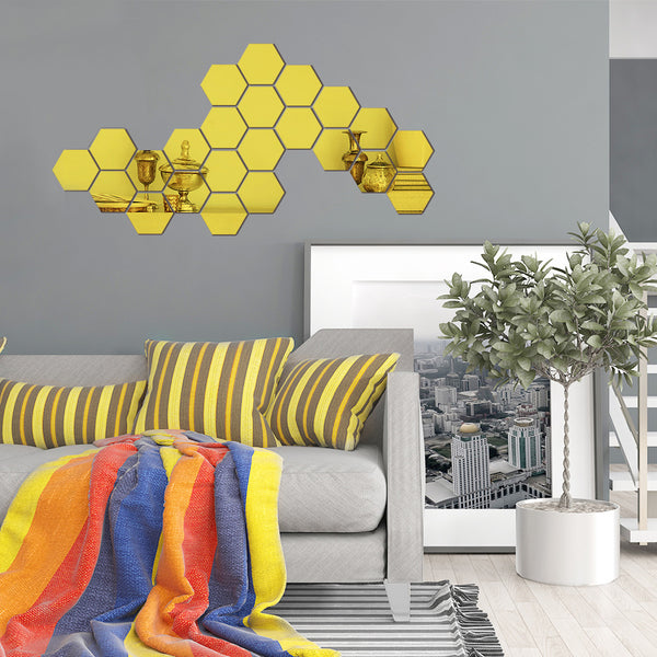 12Pcs Mirror Hexagon Removable Wall Stickers Art DIY Home Decor 80 x 70 x 40mm-Gold