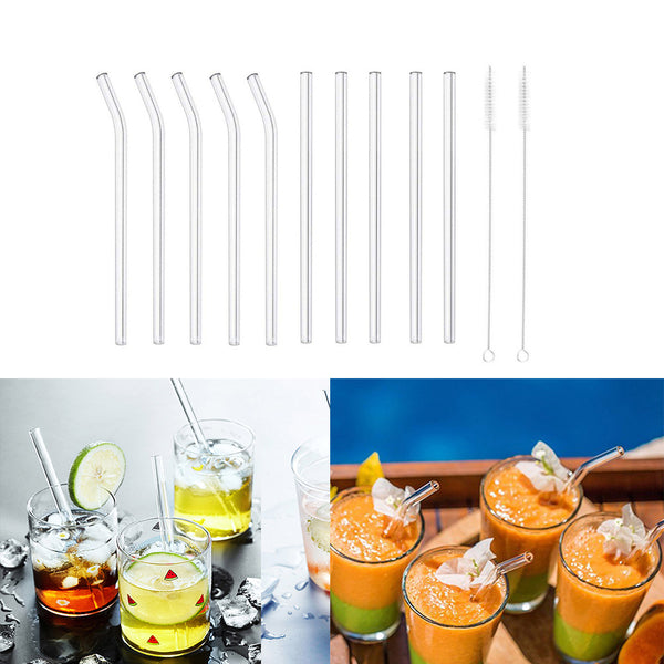 10Pcs Glass Reusable Drinking Straight or Bent Straws Set with Cleanging 2Pcs Brushes