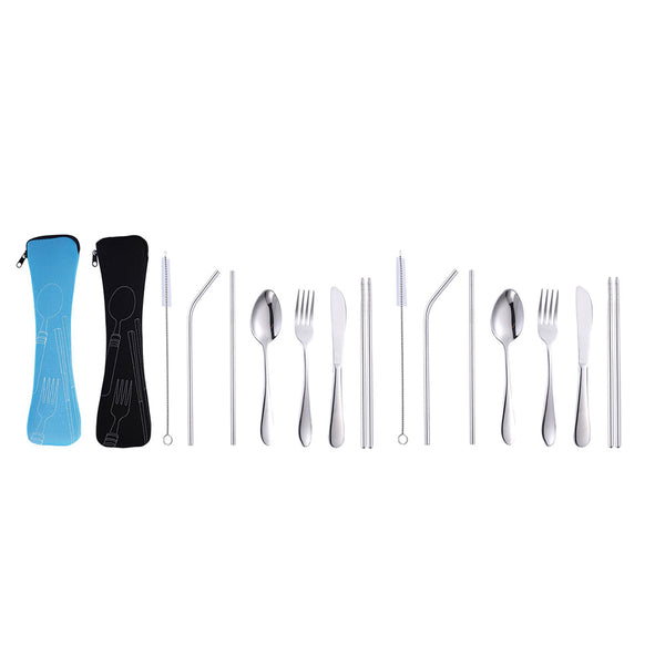 7Pcs Travel Utensils with Case Portable Knife Fork Spoon Chopsticks Sraight Straw Bent Straw Cleaning Brush Tableware Set