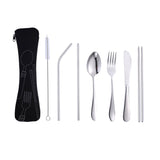 7Pcs Travel Utensils with Case Portable Knife Fork Spoon Chopsticks Sraight Straw Bent Straw Cleaning Brush Tableware Set