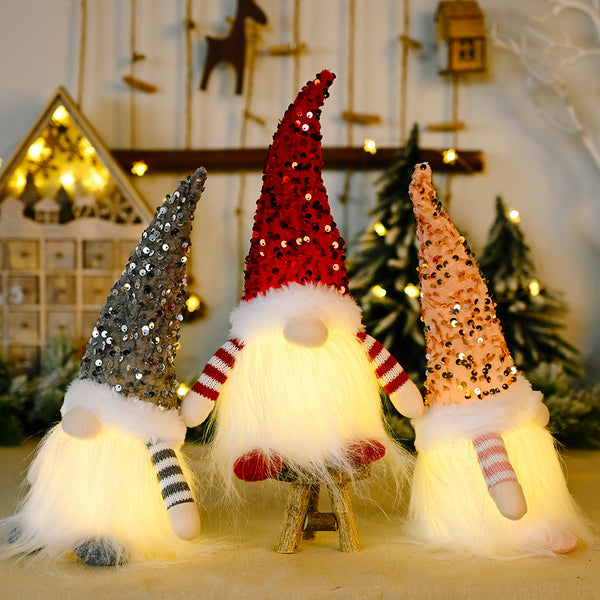 3-Piece Set Christmas Gnome Santa with LED Light Plush Doll Ornaments Tree Xmas Decors