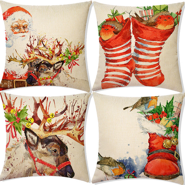 Linen Vintage Print Christmas Pillowcase Home Decoration Cushion Cover Set