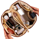 Large Capacity Travel Cosmetic Bag Makeup Organizer with Brushes Slots Divider-Brown