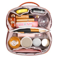 Large Capacity Travel Cosmetic Bag Organizer Makeup with Brushes Slots Dividers-Brown