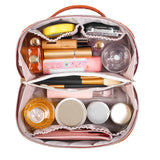 Large Capacity Travel Cosmetic Bag Organizer Makeup with Brushes Slots Dividers-Brown