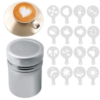 Stainless Steel Icing Sugar Cocoa Coffee Shaker with 16 Piece Coffee Stencils Set