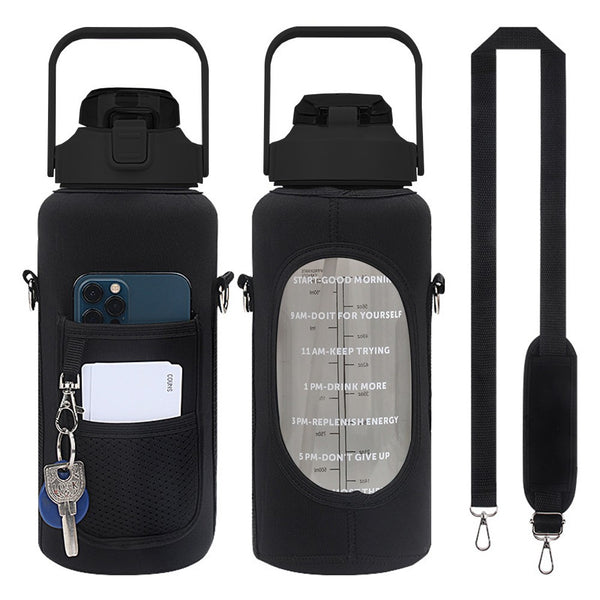 2L Large Capacity Black Water Bottle Drinking Bottle with Bottle Pouch Sleeve