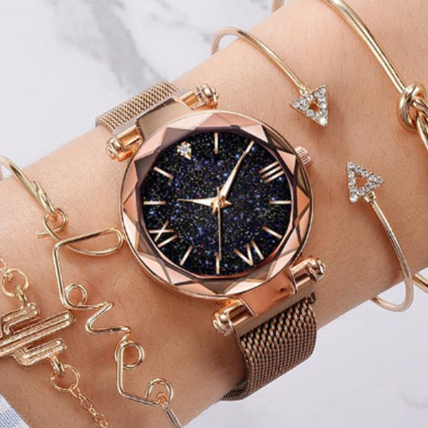 Women Watch and Bracelet Set Magnet Buckle Watch Quartz Wristwatch Bracelet Set Fashion Accessories for Women Girls