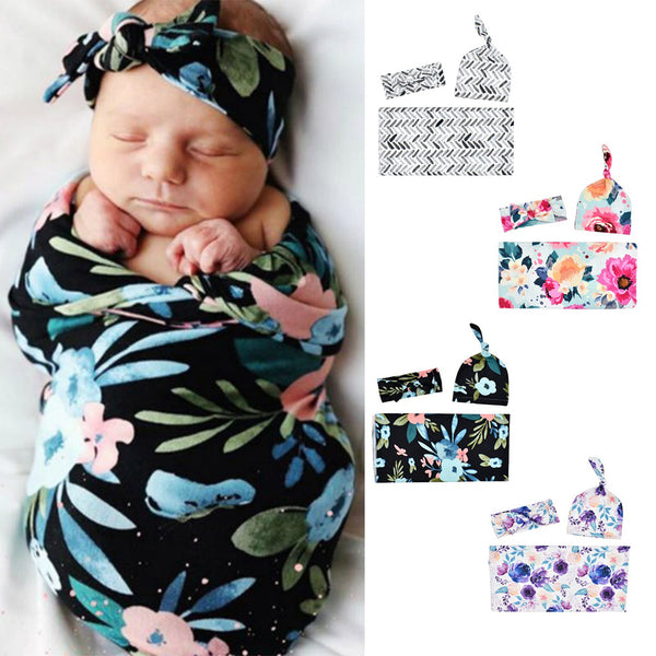 Newborn Swaddle Wrap Headband Hat Set Soft Muslin Baby Wrap Swaddle Blanket Floral Print Baby Blanket Baby Bedding Accessories