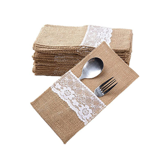 6pcs/12pcs Christmas Tableware Packing Bags Knife and Fork Bags Linen Lace Cutlery Holders Party Decorations