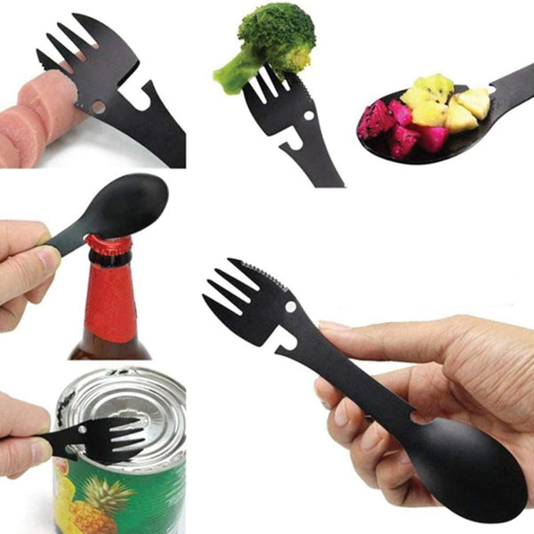 5-in-1 Stainless Steel Spork Fork Knife Spoon Can Opener Outdoor Camping Tool