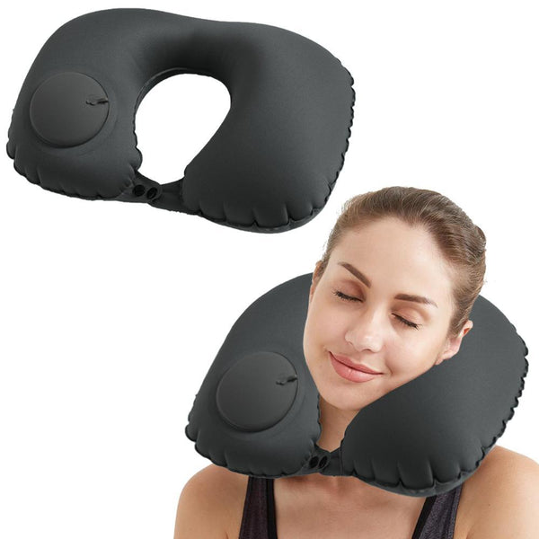 Portable Push-type Inflatable U-Shaped Travel Neck Pillow Car Headrest Cushion - Black