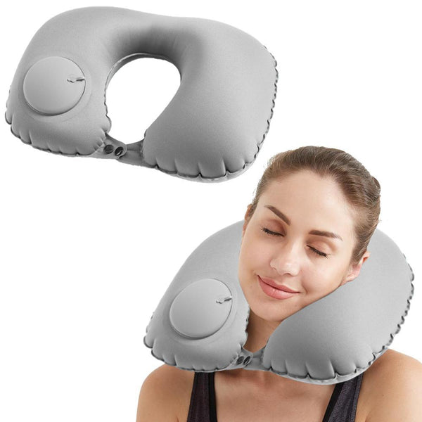 Portable Push-type Inflatable U-Shaped Travel Neck Pillow Car Headrest Cushion -Grey