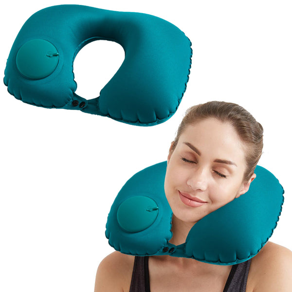 Portable Push-type Inflatable U-Shaped Travel Neck Pillow Car Headrest Cushion - Peacock green