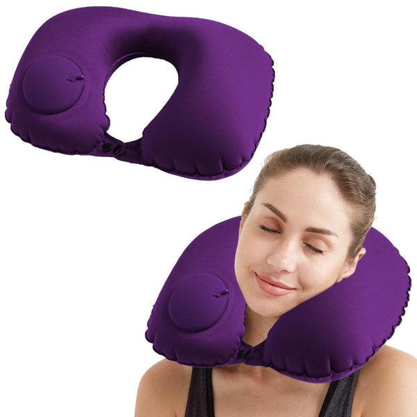 Portable Push-type Inflatable U-Shaped Travel Neck Pillow Car Headrest Cushion - Purple