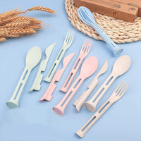 3Pcs Portable Wheat Straw Cutlery Travel Set Knife Fork Spoon Student Dinnerware