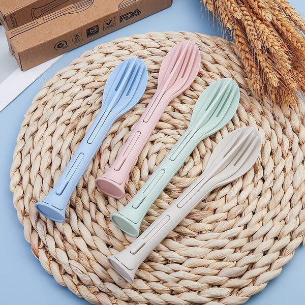 3Pcs Portable Wheat Straw Cutlery Travel Set Knife Fork Spoon Student Dinnerware