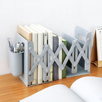 Retractable Bookends Adjustable Desktop Bookshelf with Pen Holder Grey