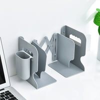 Retractable Bookends Adjustable Desktop Bookshelf with Pen Holder Grey