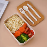 Square Lunch Box Wooden Lid Japanese Bento Box with Cutlery Food Container White