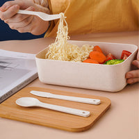 Square Lunch Box Wooden Lid Japanese Bento Box with Cutlery Food Container White