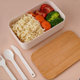 Square Lunch Box Wooden Lid Japanese Bento Box with Cutlery Food Container White